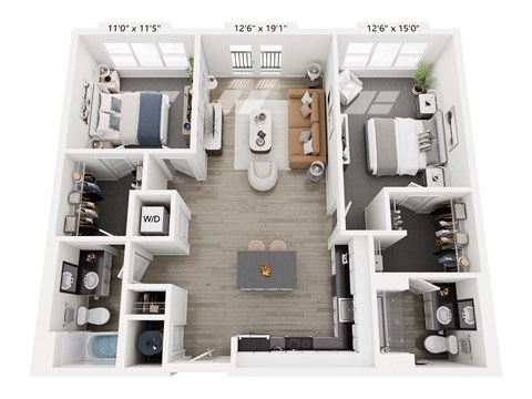 The Balance floor plan at Contrast OTR in Cincinnati’s Over-the-Rhine is a two-bedroom, two-bath with open layout, walk-in closets, and in-unit laundry—ideal for modern downtown living near TQL Stadium